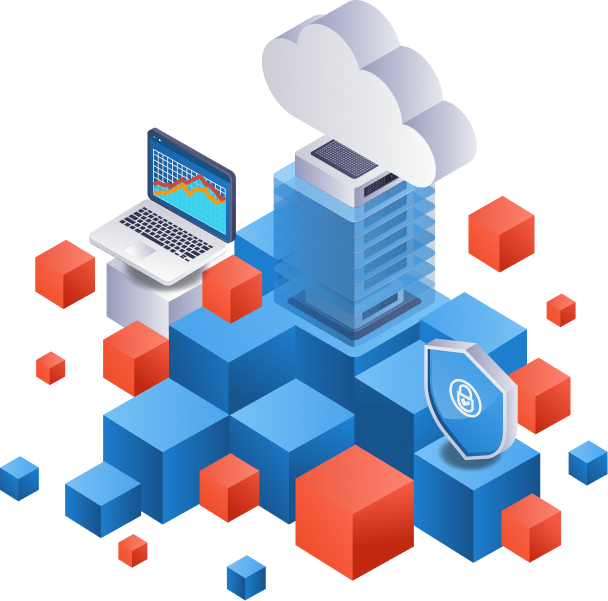 A cloud server connected to a laptop with graphs, surrounded by colorful blocks and a shield symbolizing data security.