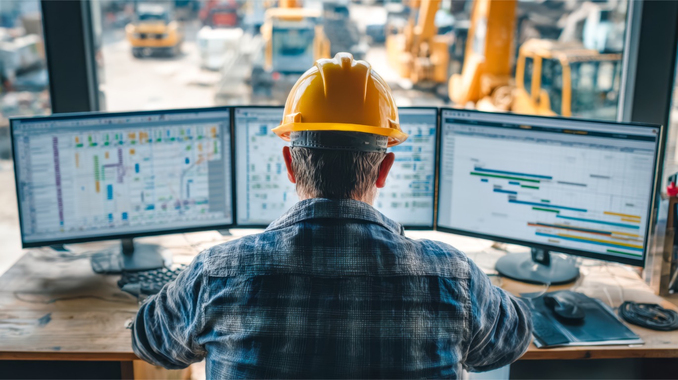 A construction manager in a yellow hard hat works at a desk with three monitors displaying project schedules and plans.