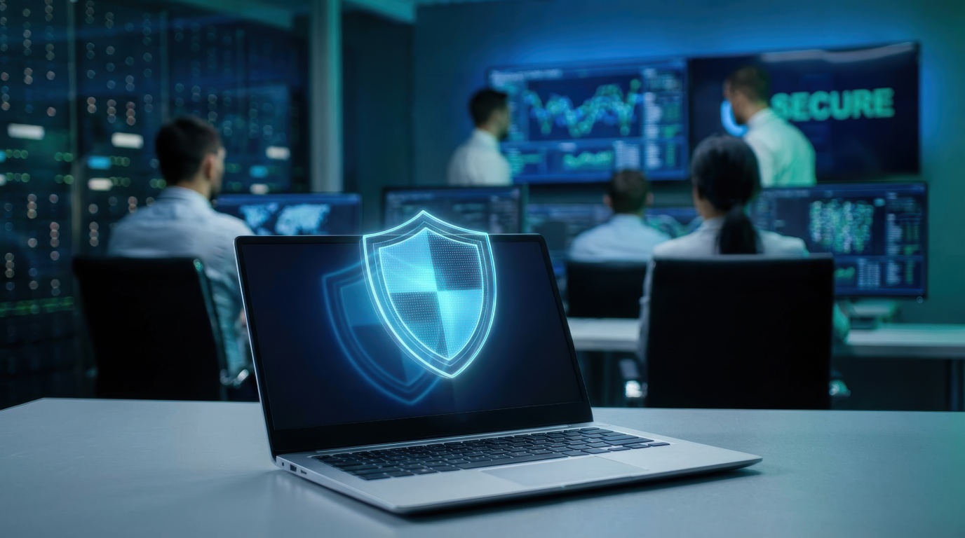 A laptop displays a glowing shield logo, while professionals analyze data on multiple screens in a high-tech security operations center.