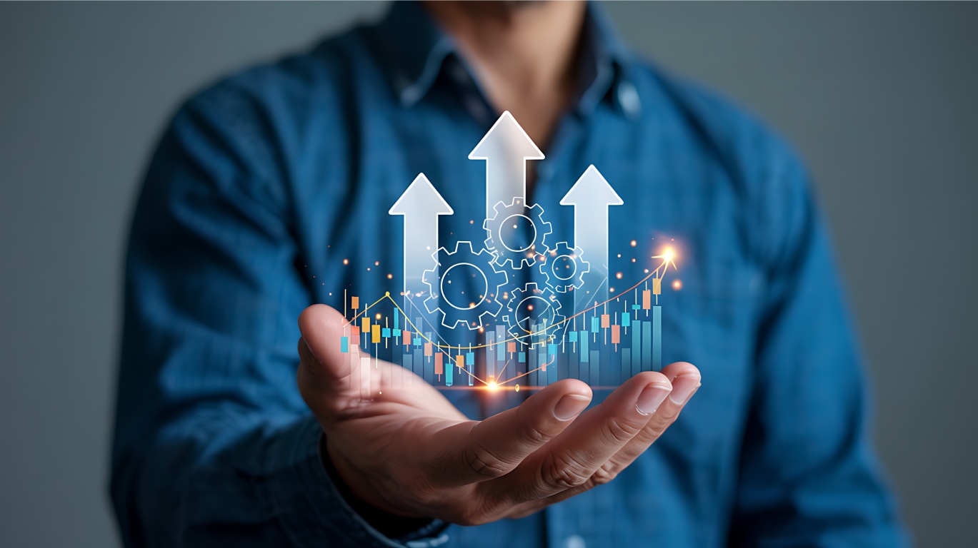 A person in a blue shirt holds out their hand, displaying upward arrows and gears, symbolizing growth and innovation in business.