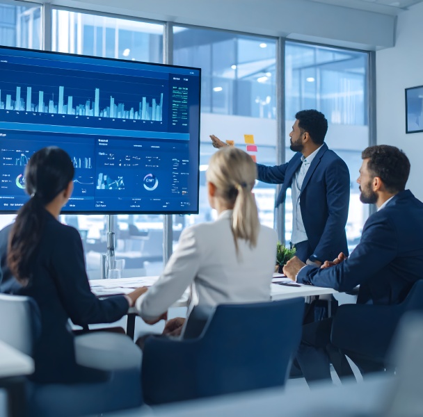 A business meeting with professionals discussing data displayed on a large screen in a modern conference room.