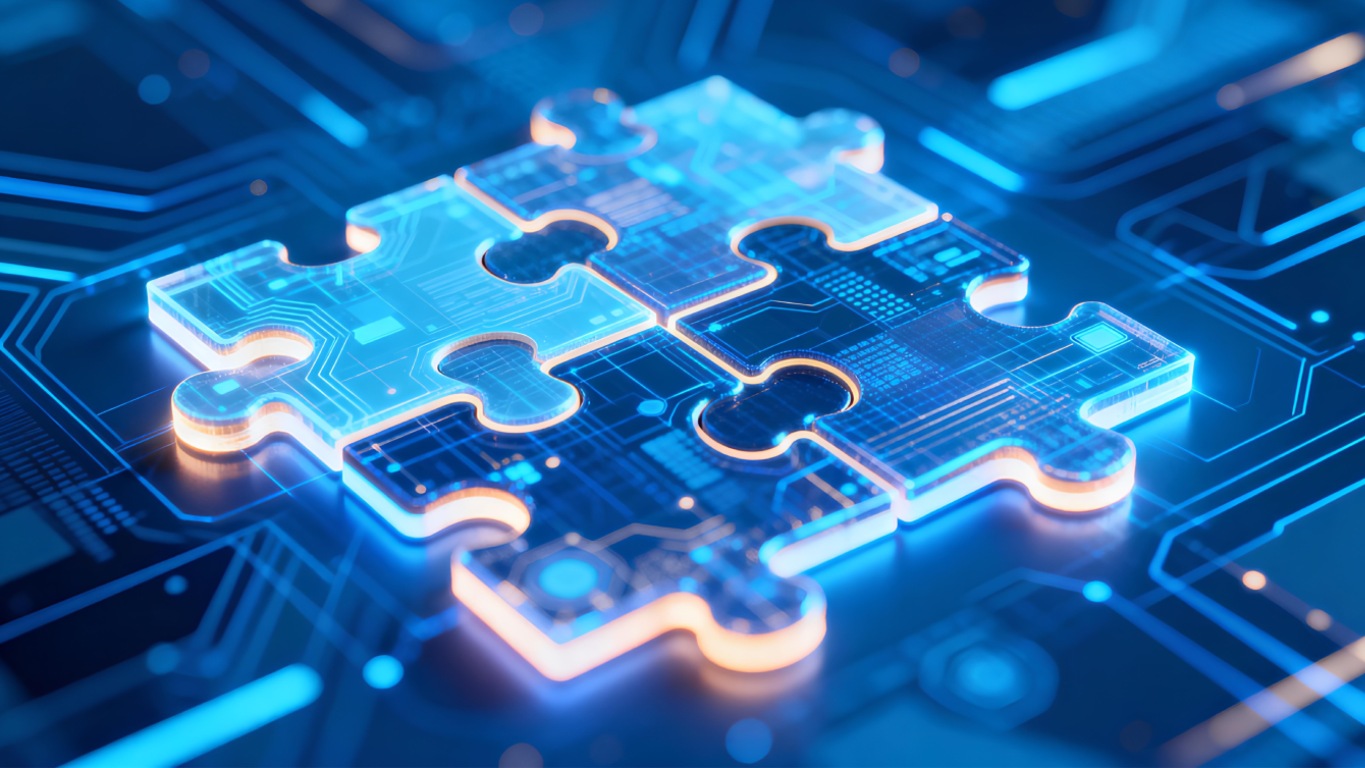 A glowing puzzle piece is set against a blue circuit board background, symbolizing technology and connectivity.