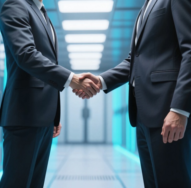 Two men in suits shake hands in a modern, well-lit corridor, symbolizing agreement or partnership.