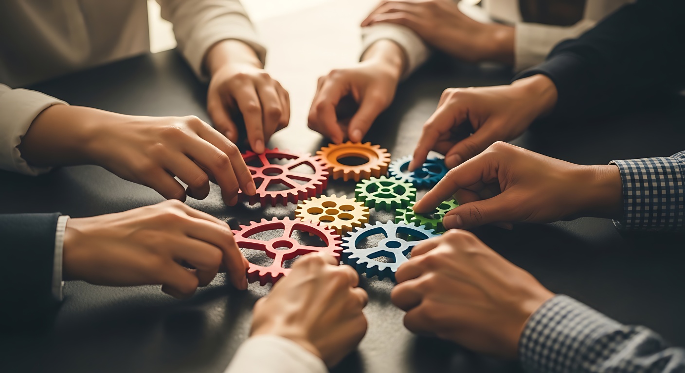 Several hands reach out to connect colorful gears on a tabletop, symbolizing teamwork and collaboration in problem-solving.