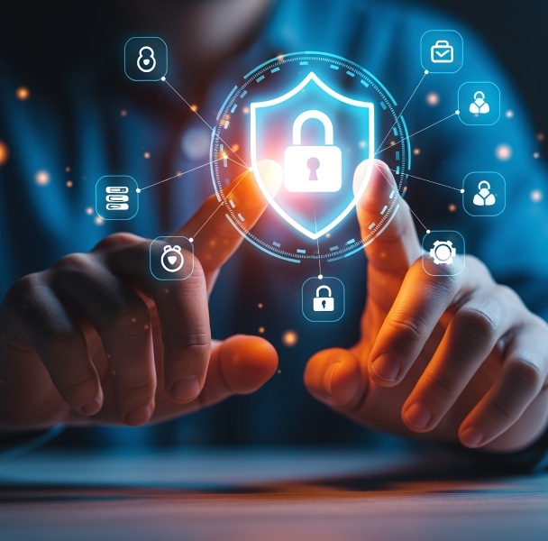 A person's hands interact with a digital security interface featuring a lock symbol and various cybersecurity icons.