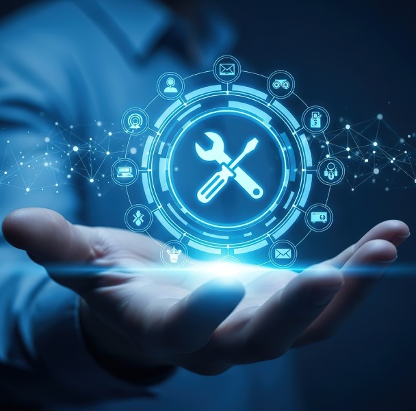 A hand holds a glowing digital icon featuring crossed tools, surrounded by various technology-related symbols against a dark background.