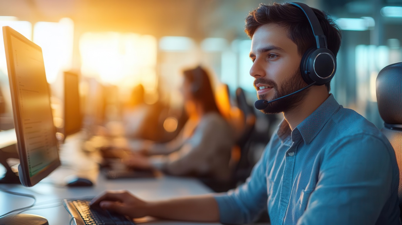 A person wearing headphones sits at a computer desk, focused on work, with warm sunlight streaming in the background.