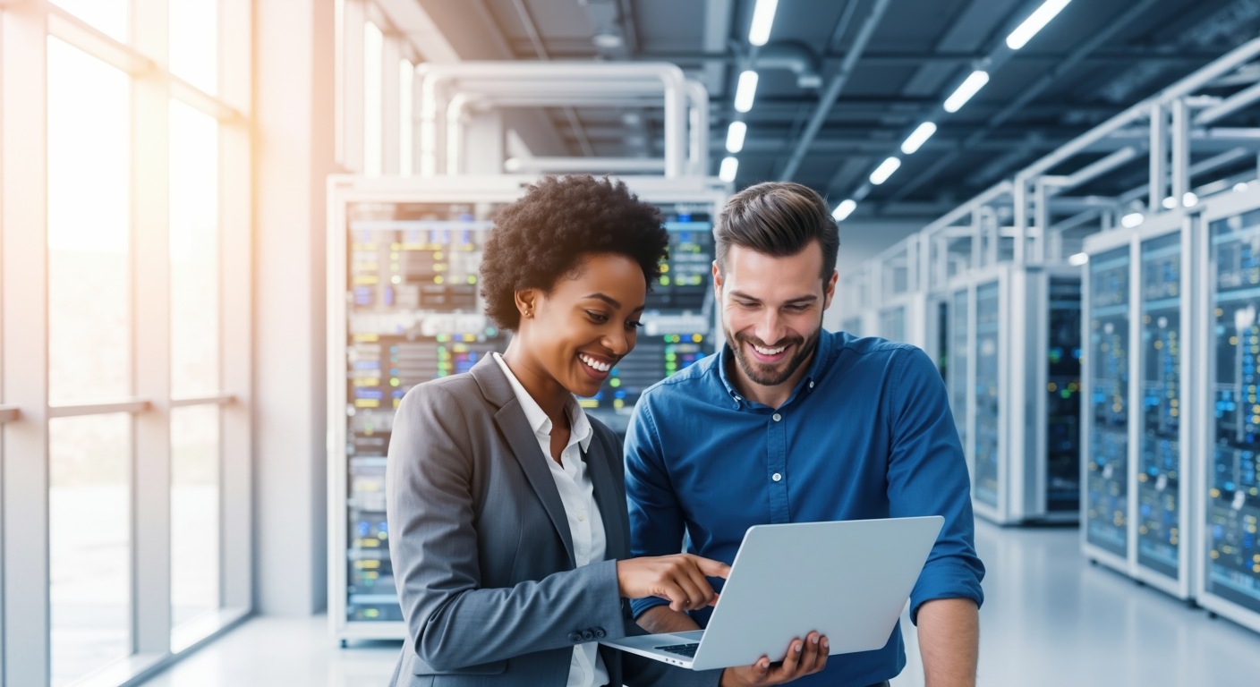 Two professionals discuss data on a laptop in a modern data center, with rows of servers visible in the background.