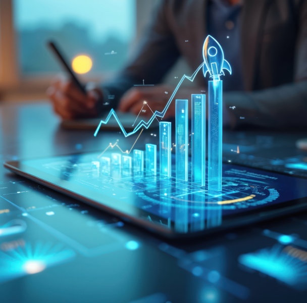 A glowing tablet displays a bar graph and rocket, symbolizing growth and innovation in a business setting.